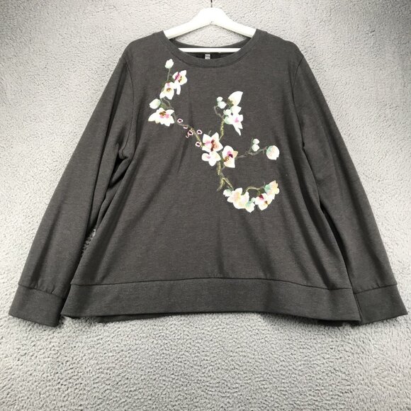 WD.NY Sweater Womens Size 2X Embroidered Floral Gray Crew Pullover Long Sleeve - Picture 1 of 16